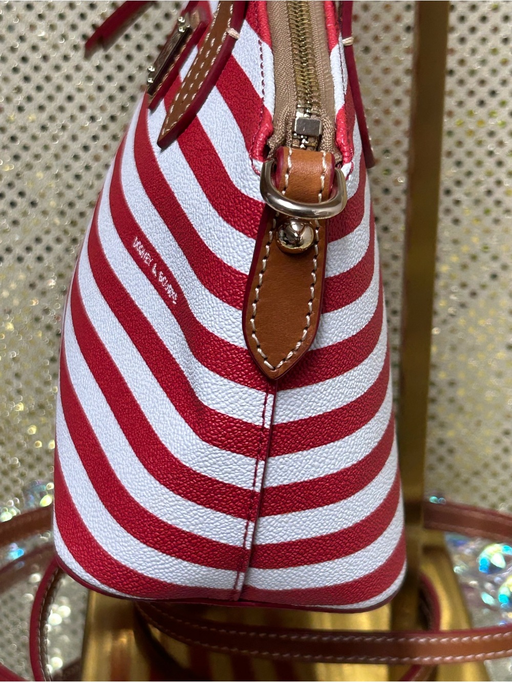 Dooney & Bourke Red and White Striped Crossbody Satchel with Brown Trim - Picture 5 of 16